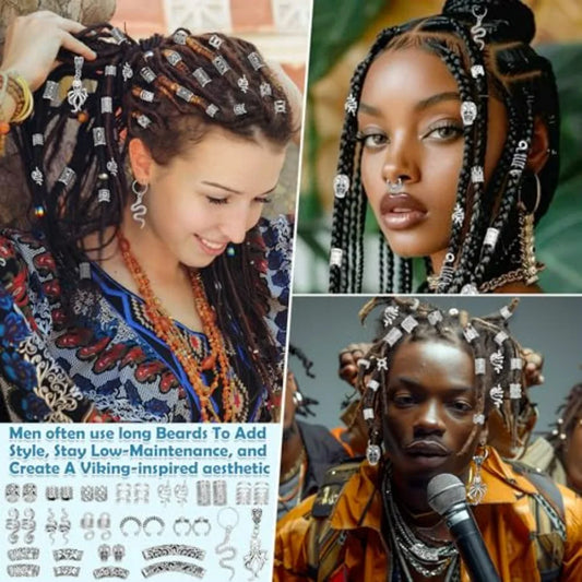 247Pcs Viking Hair Accessories Norse Runes Tube Beads Metal Cuffs Clips Rings, Dreadlock Beads Braids Locs Hair Jewelry Set for