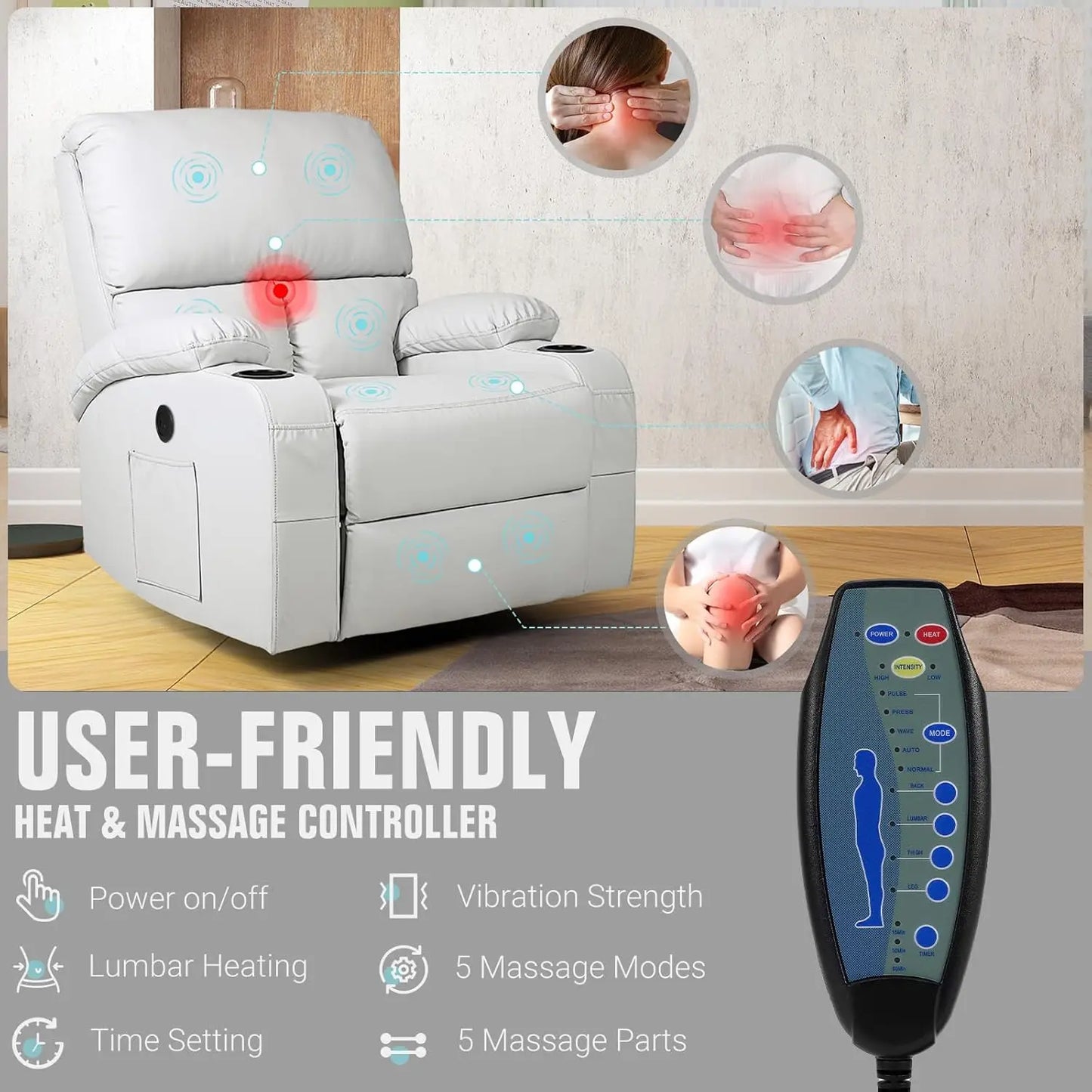 360° Swivel Rocking Recliner Chair with Massage, Heat, USB & Type-C Ports, Comfortable Lounge Seat, Customized