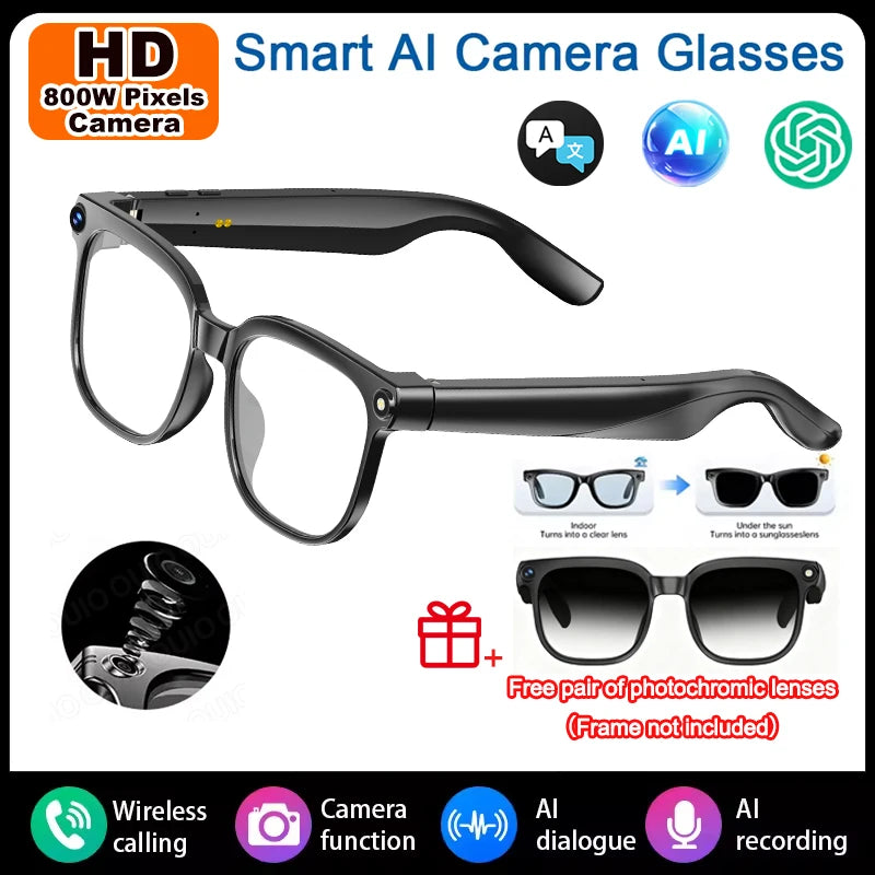 2026 New Video Shooting Smart Glasses, Two Standard Replacement Lenses, Photo And Video AI Glasses, 800W Pixel Ultra-Wide-Angle Camera, High-Definition Video 1080P, Photography And Video Stabilization, Dual Microphone Noise R