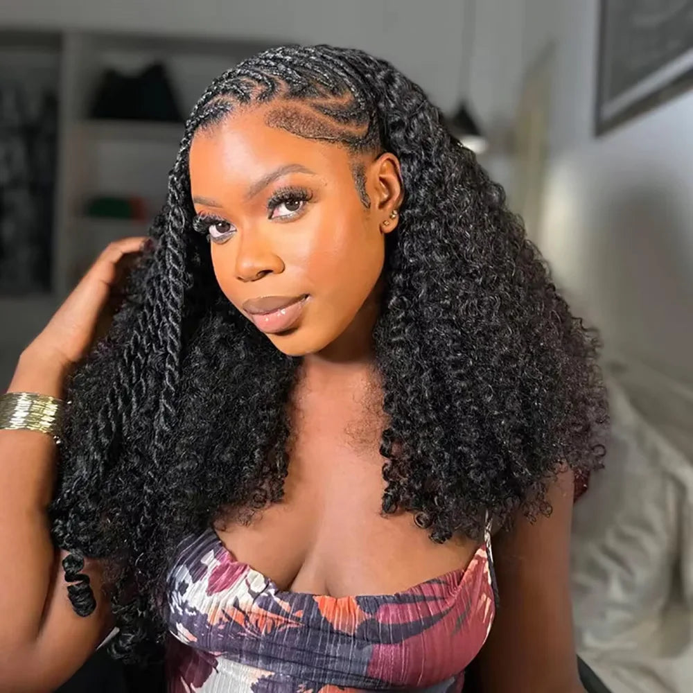 3 In 1 Human Hair Half Wig Glueless Drawstring Clip In Kinky Curly Headband Wig Natural Color Seamless Natural Looking For Women