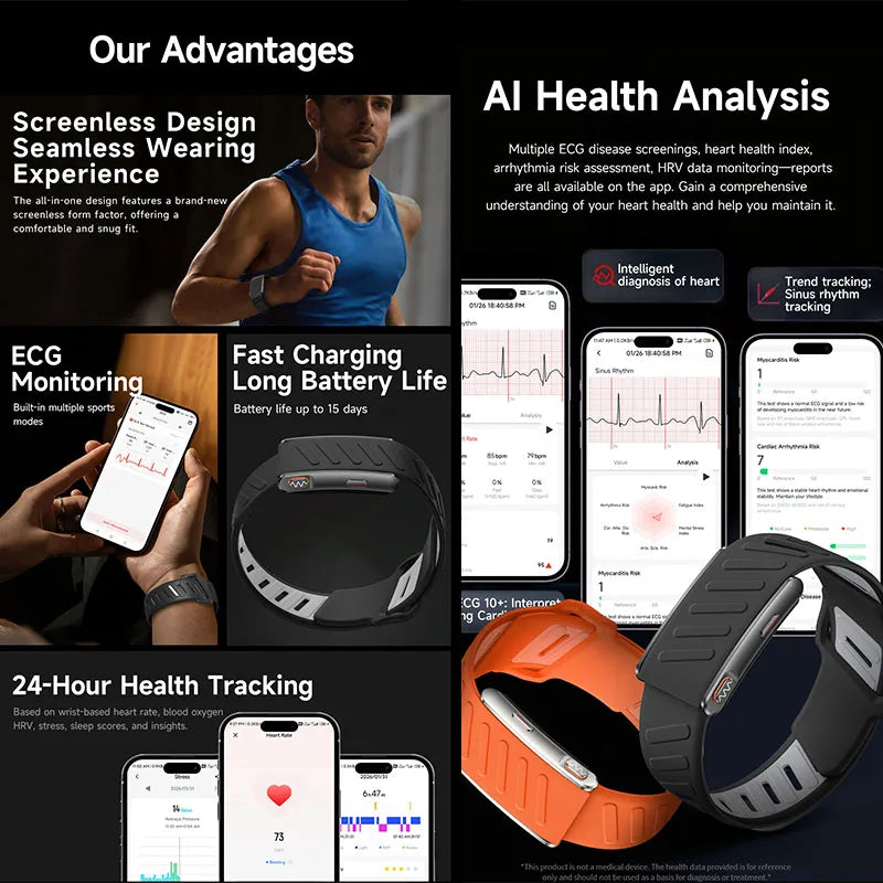 Screenless Smart Health Band with ECG Heart Rate Sleep SpO2 HRV Blood Pressure Sports Tracking App Reminders and 3ATM Waterproof