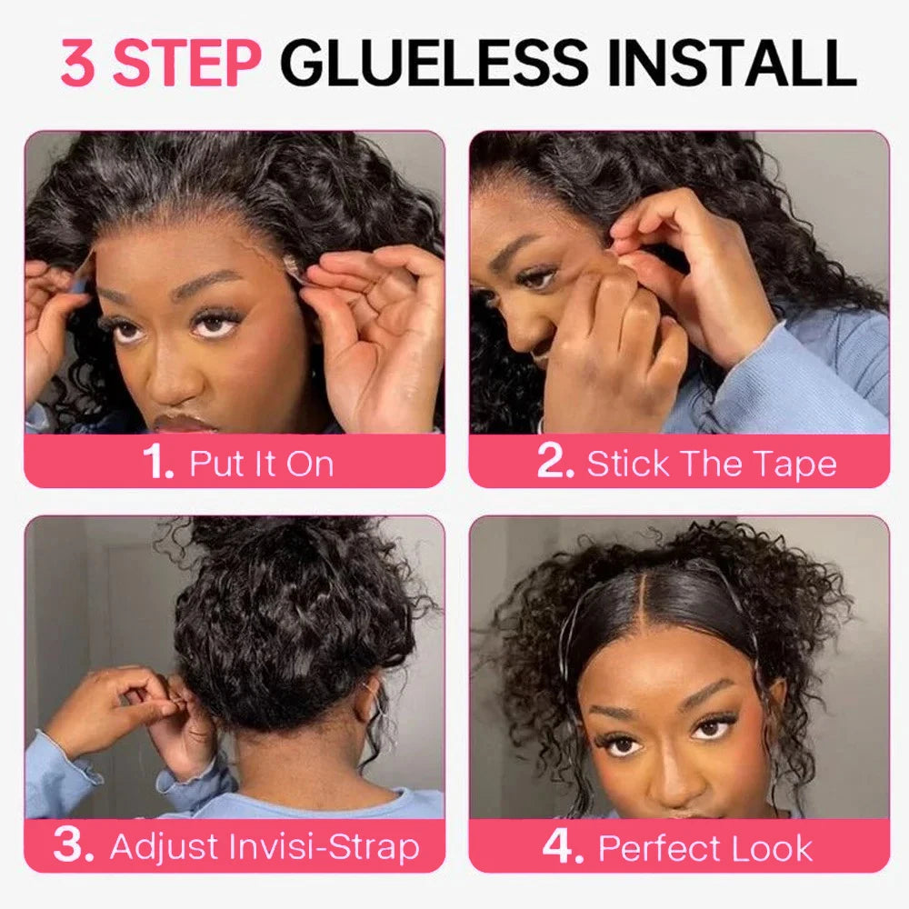 Hidden Strap Deep Wave 360 HD Lace Front Wigs Human Hair Pre Plucked 220 Density Full Lace Frontal Wig with Invisible Drawstring