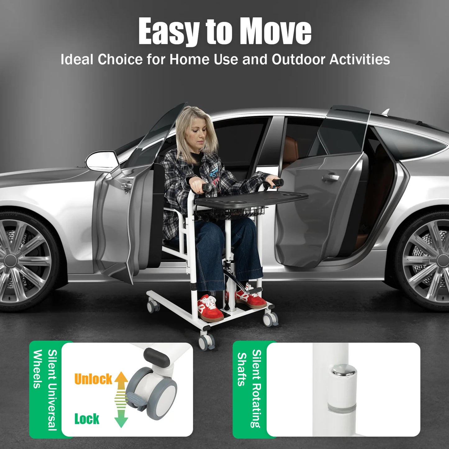 Hydraulic Transfer Chair 330.7LBS Load 11.9-18.2in Lift 180° Backrest 4 Brake Wheels for Elderly Disabled Care