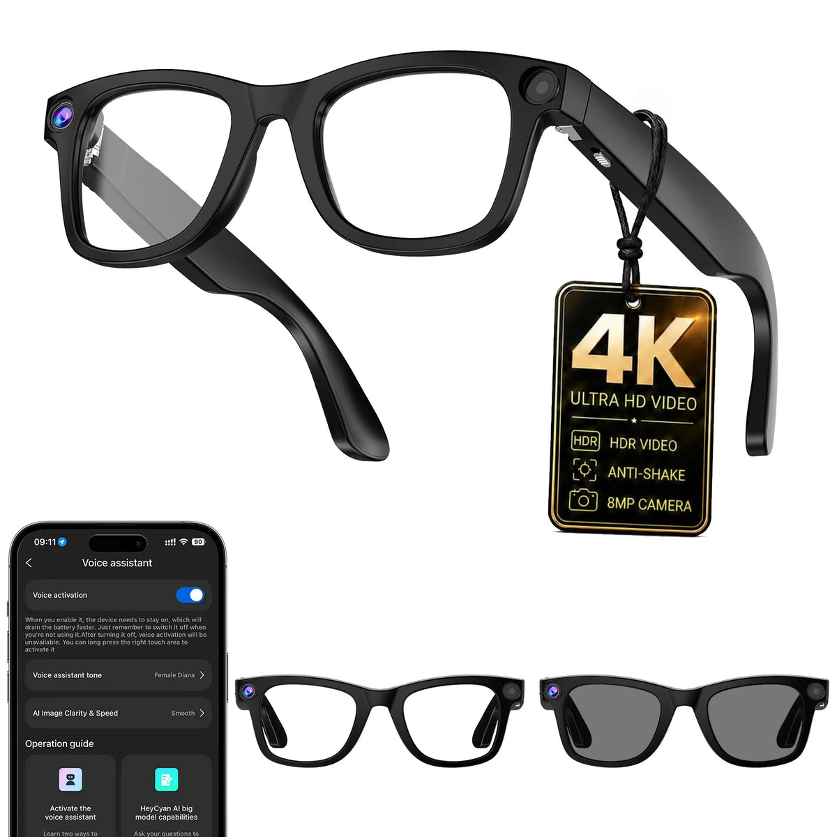 Ai Smart Glasses With Camera 4k, Real-Time Translation, AI Assistant, Object Recognition, Open-Ear Speakers, AI Voice Control, Bluetooth 5.4 For HD Video & Immersive Audio