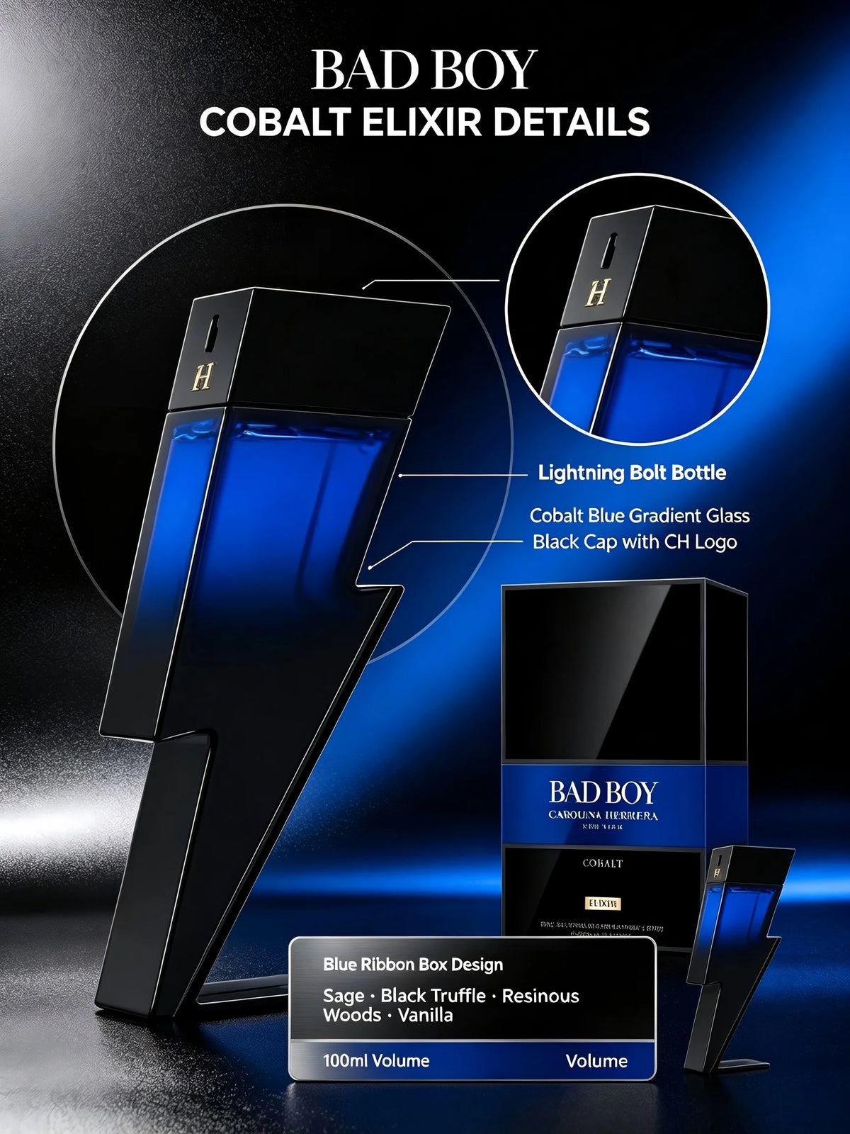 Carolina Herrera Bad Boy Cobalt Elixir EDP for Men, 3.4 fl oz/100ml, Woody Amber Spicy Sage Black Truffle Vanilla Long Lasting Cologne, Holiday Gift
