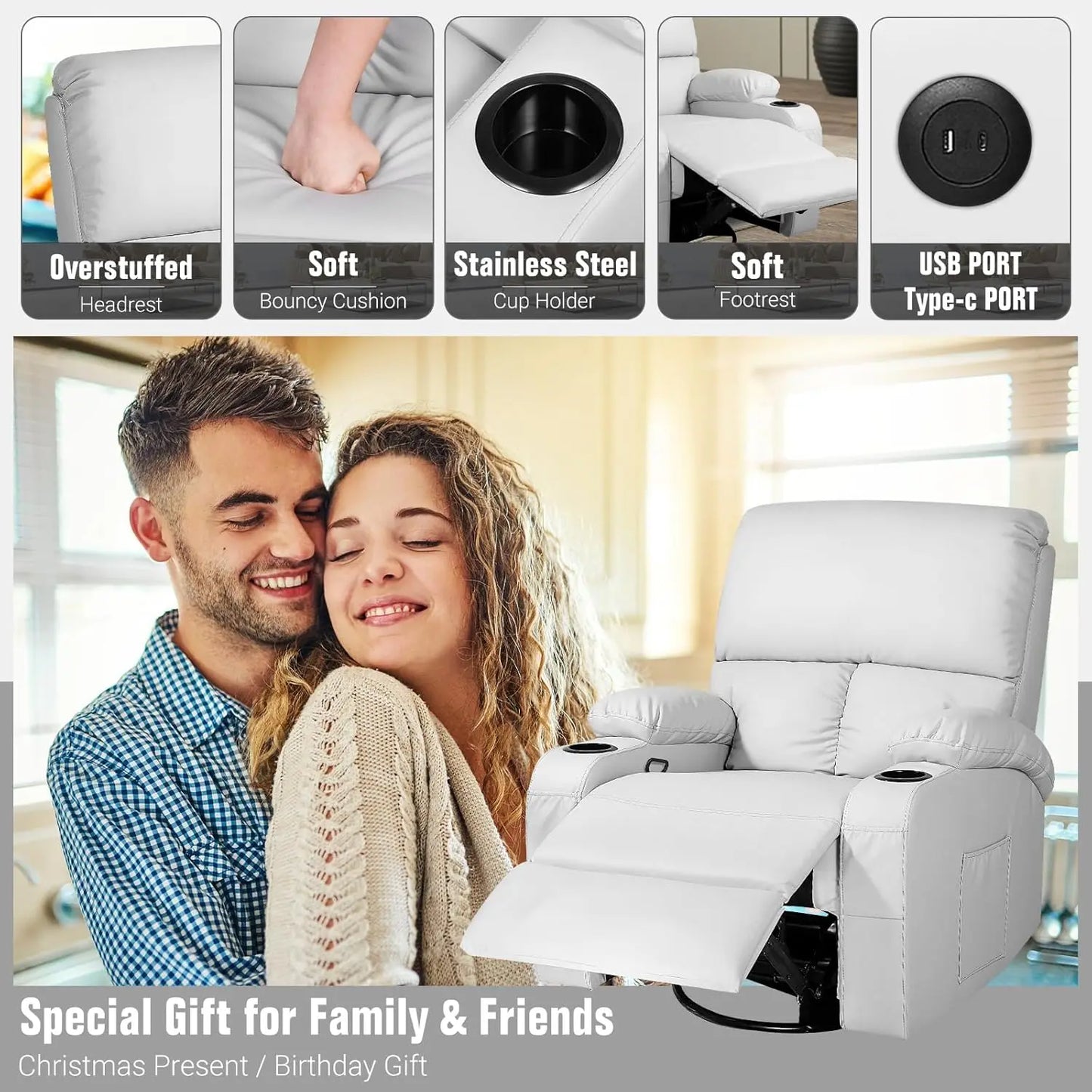 360° Swivel Rocking Recliner Chair with Massage, Heat, USB & Type-C Ports, Comfortable Lounge Seat, Customized
