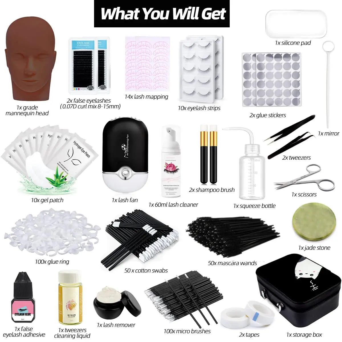 Professional Eyelash Extension Kit with Mannequin Head, USB Fan, Shampoo, Glue & Practice Strips for Beginners