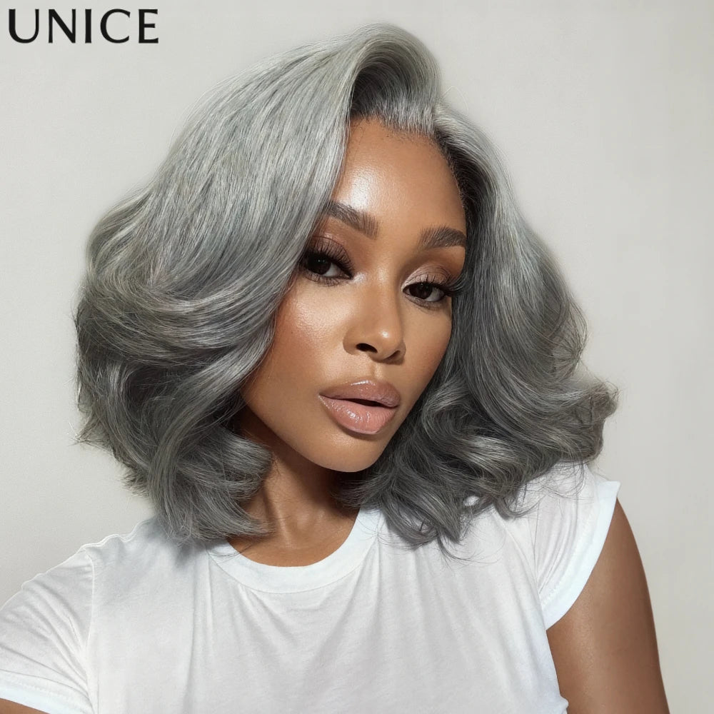 UNICE Hair Layered Blowout Salt & Pepper Glueless Human Hair Wig Pre Cut 6.5x1.5 Lace Short Bob Side Part Grey Wig 150% Density