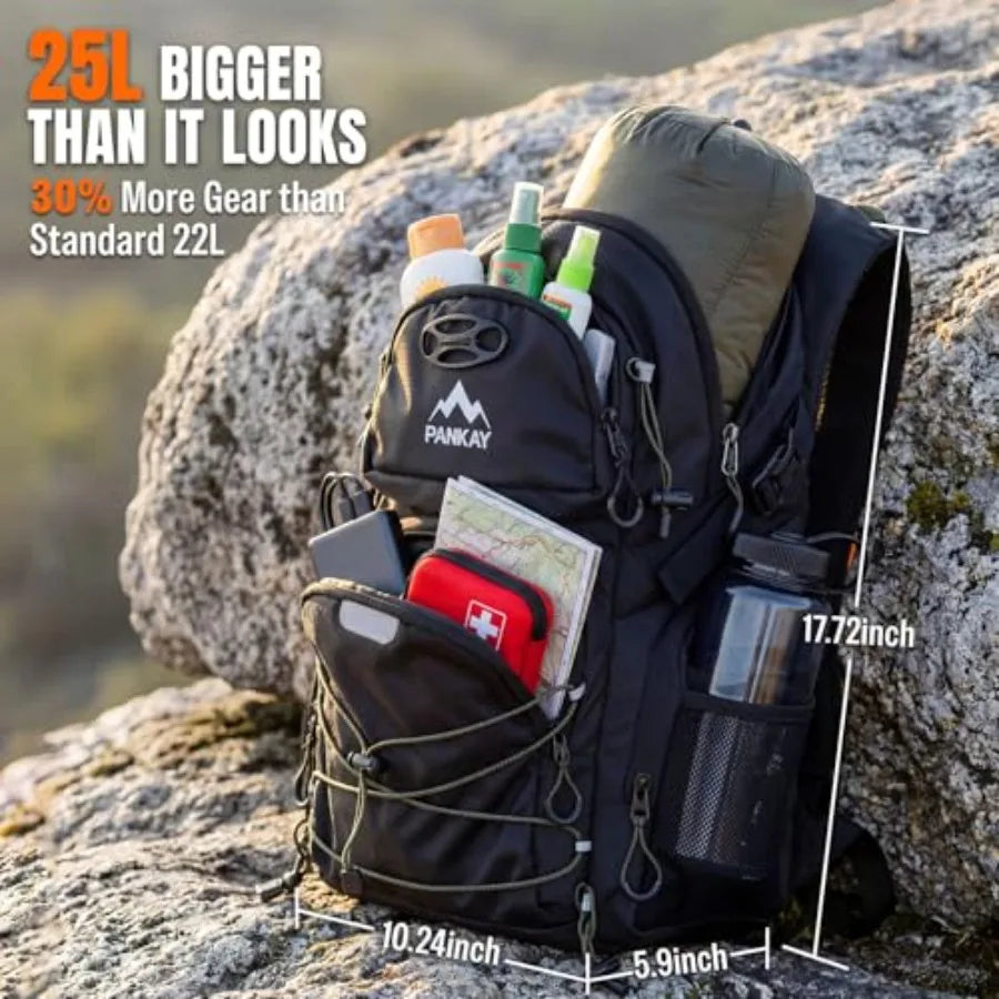 25L Hydration Backpack Hiking, Hiking Backpack with Water Bladder, Detachable Phone Pouch and Helmet Holder, Lightweight Water