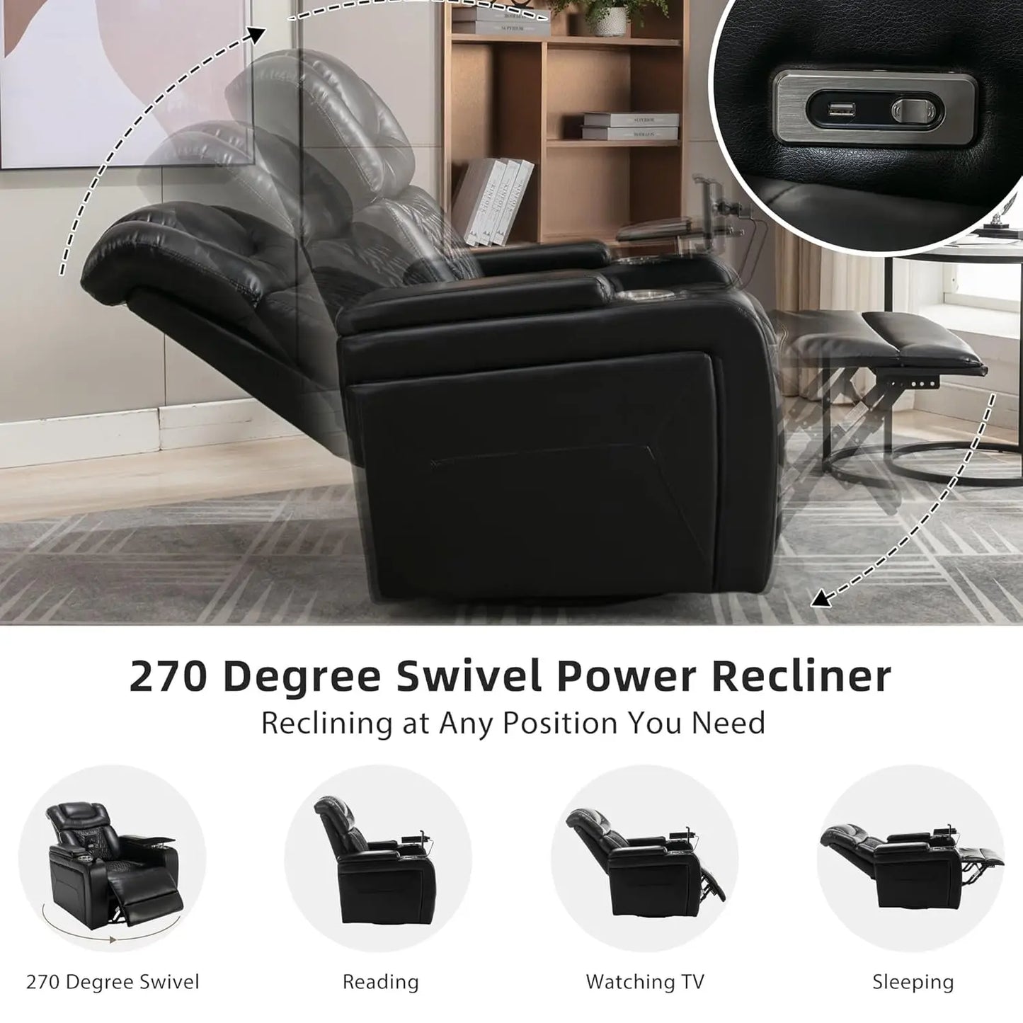 270 Degree Swivel PU Leather Power Recliner Individual Seat Home Theater Recliner with Comforable Backrest, Tray, Customized