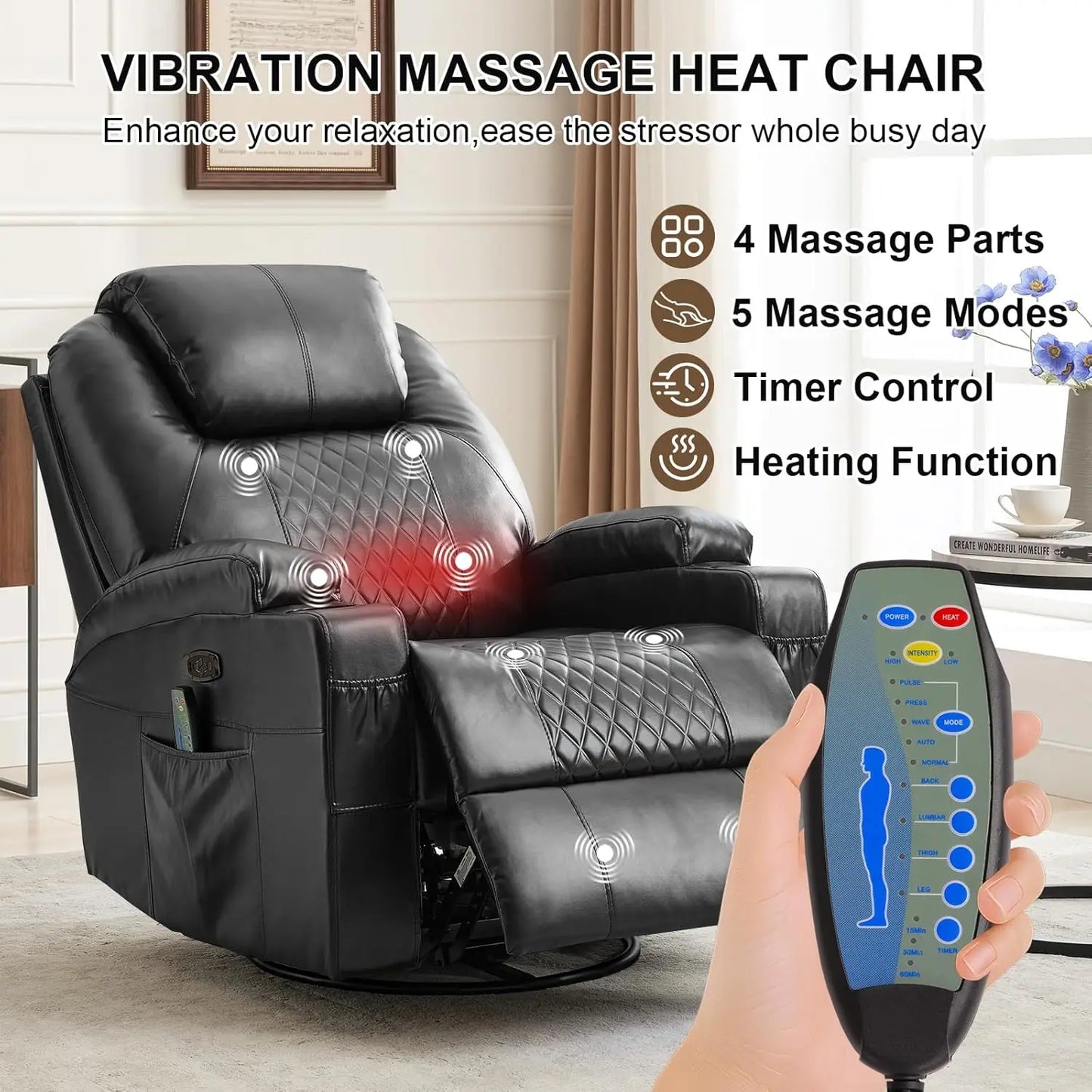 Power Swivel Rocker Recliner Chair with Heat and Massage, LED Lights, USB-A and USB-C Ports, Electric Glider, Customized