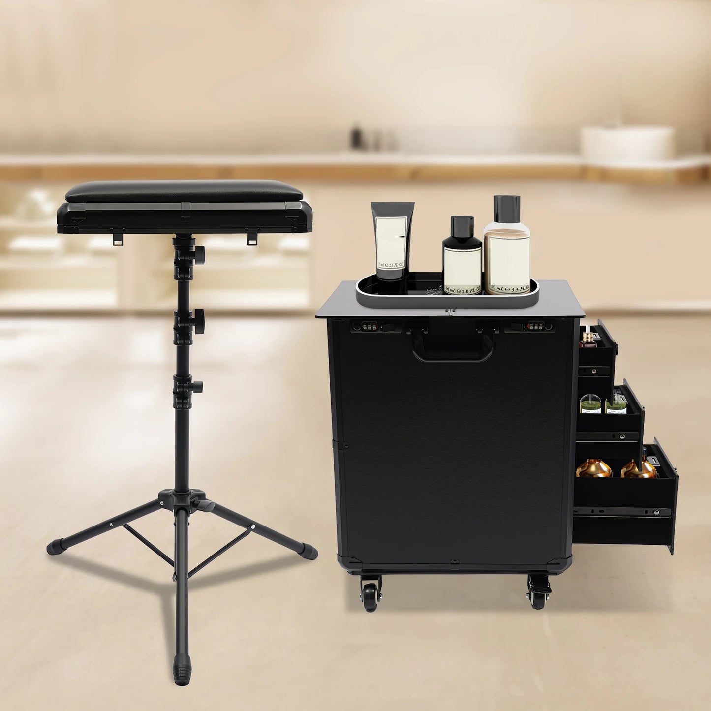 3 Drawers Rolling Makeup Case Tattoo Suitcase Mobile Manganese Steel Makeup Case with Combination Lock 4 Wheels 2 Brakes