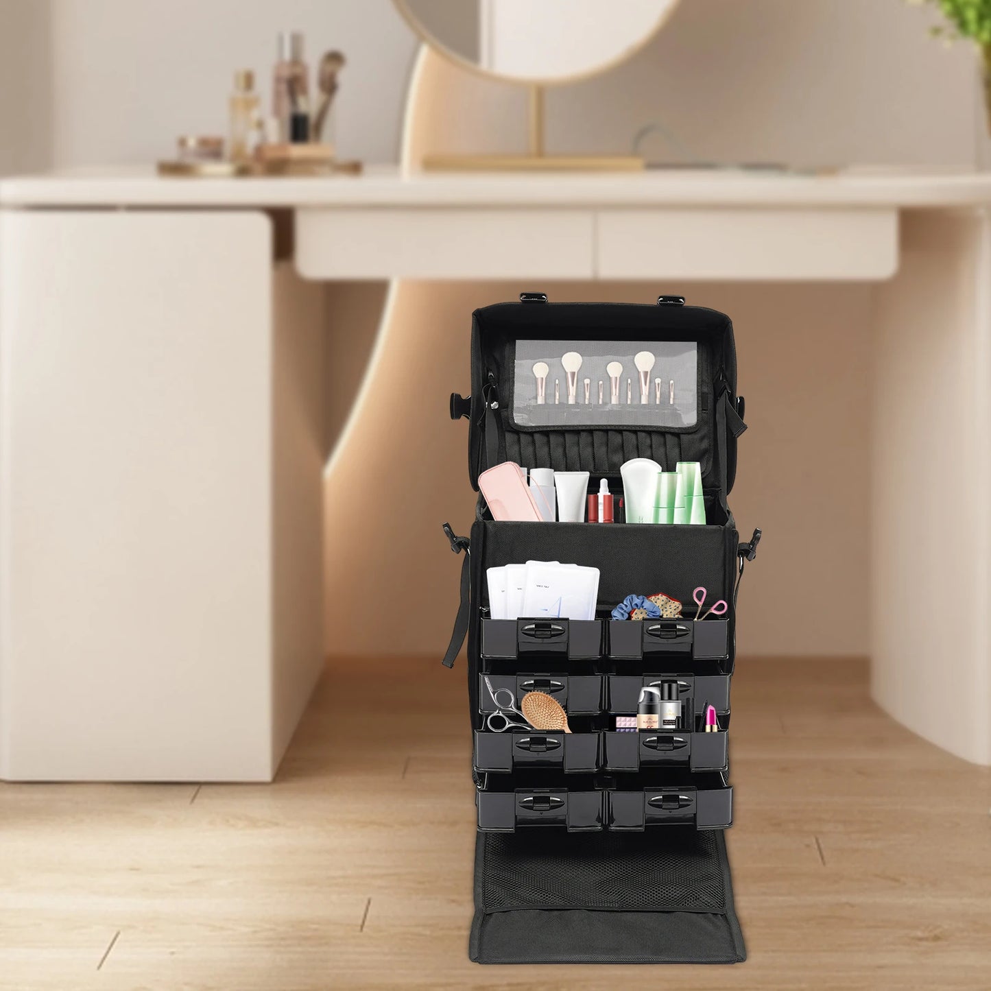 Rolling Makeup Case with 8-Removable Drawer for Makeup Enthusiast Hair Barber Stylist Nail Technician Esthetician Embroiderer