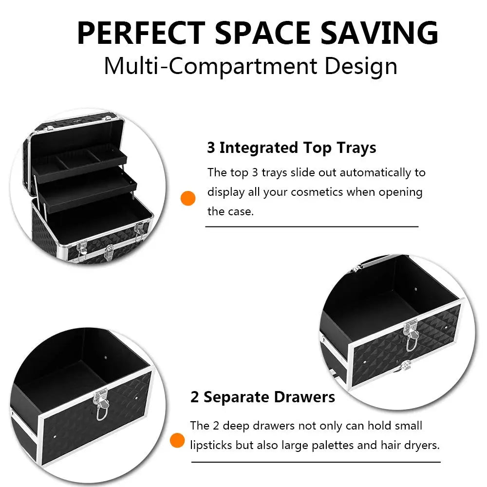Portable Aluminum Rolling Makeup Case with Lock, Wheels & Drawers for Travel Organizer