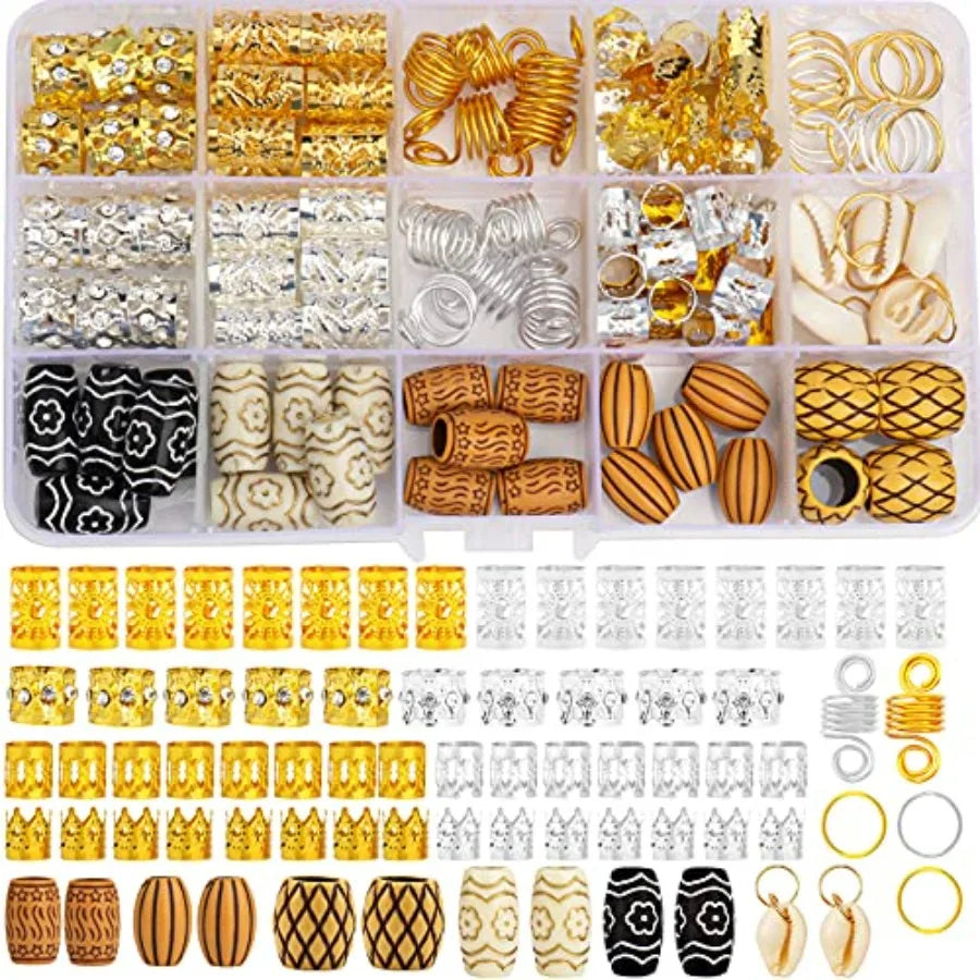 133 PCS Hair Jewelry for Braids Gold Hair Cuffs for Locs Hair Coils Rings Dreadlock Accessories Shells Imitation Wood-Like Hair