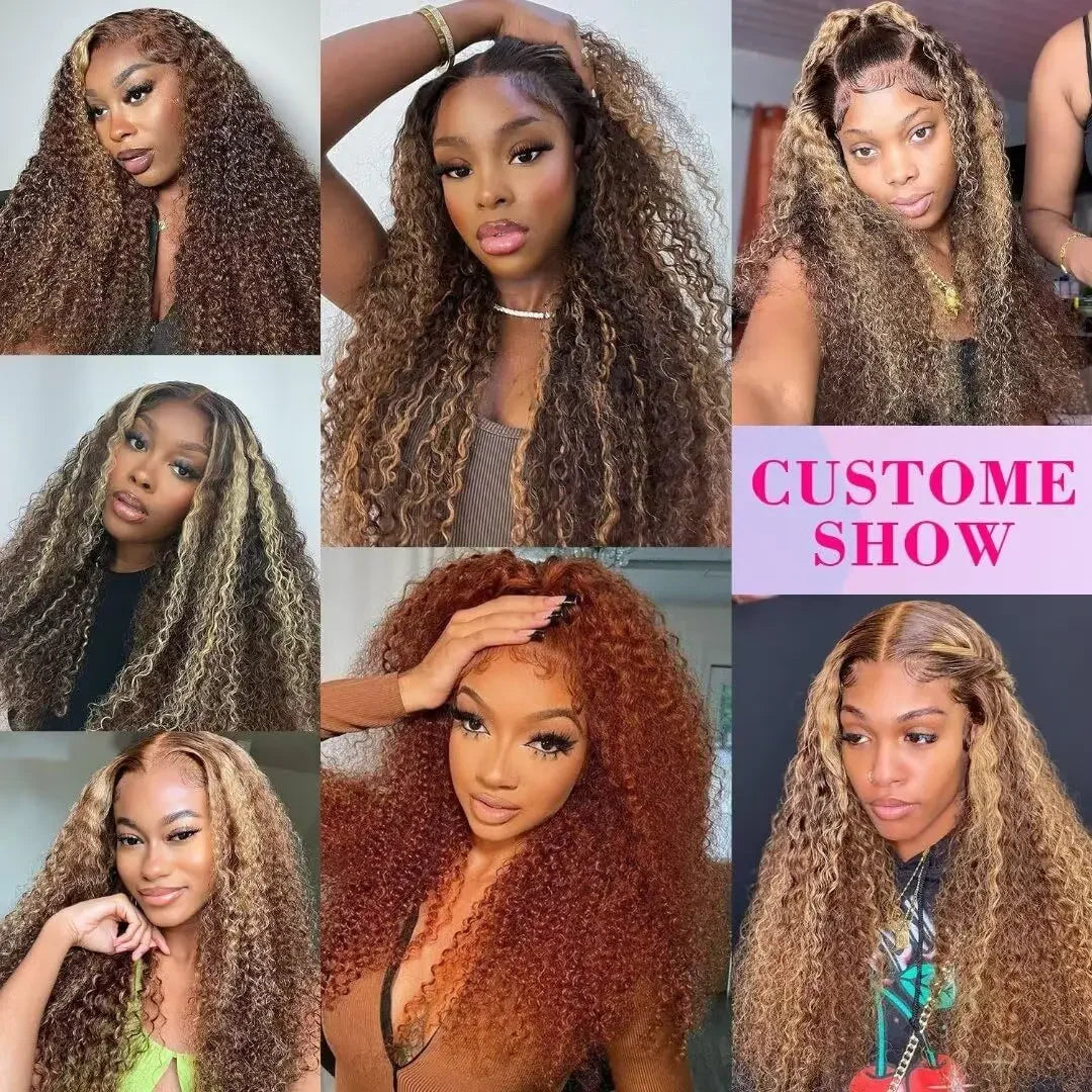 Highlight Ombre Lace Frontal Wig Human Hair 180% Density Deep Wave Human Hair Wigs For Women P4/27 Curly HD Transparent Lace Wig
