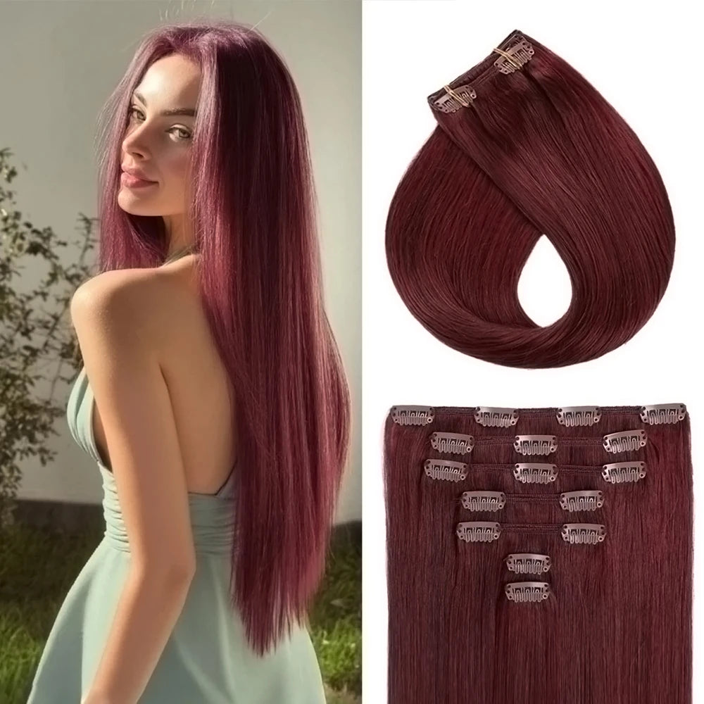 100% Human Hair Clip Ins Seamless Full Head Natural Look Clip-In Tape-In Extensions for Easy Hair Transformation