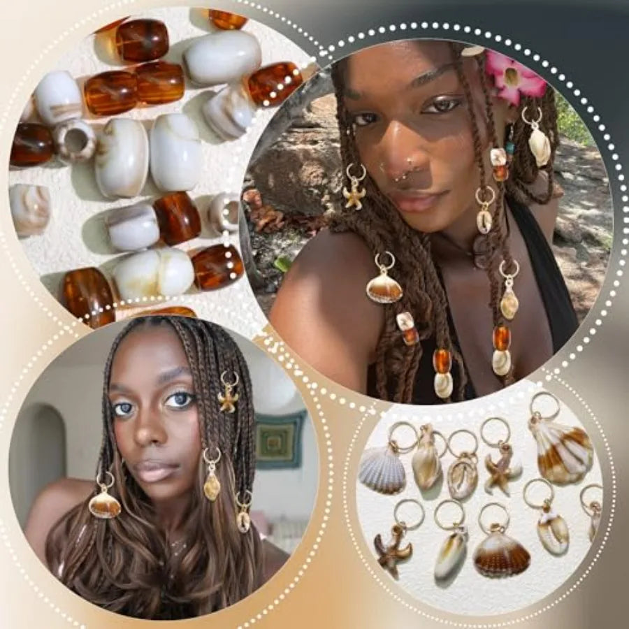 50PCS Shell Hair Jewelry for Braids Starfish Loc Dreadlock Charms Tansparent Brown White Braid Hair Tube Bead for Women
