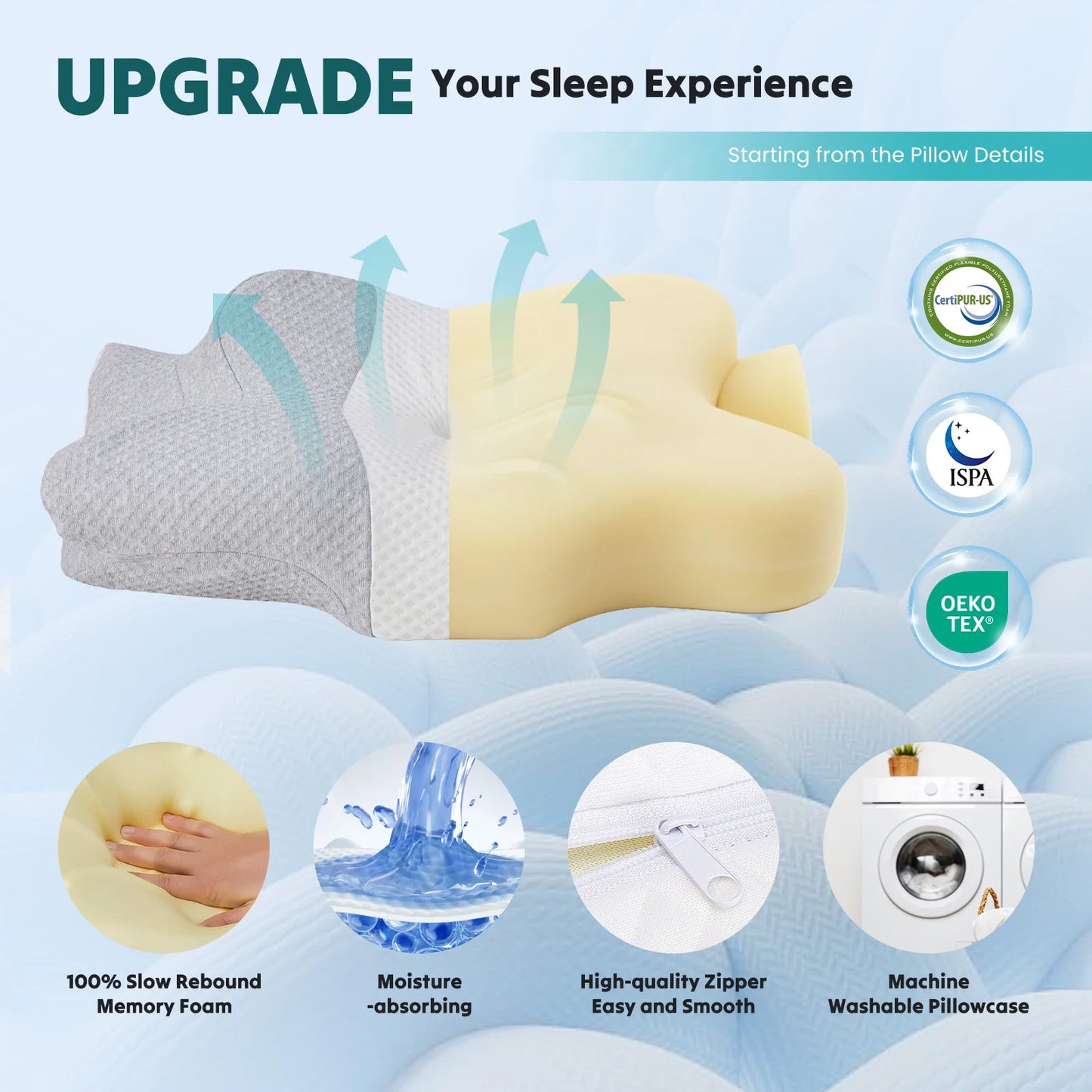 JHK Cervical Neck Pillow for Sleeping Cooling Ergonomic Memory Foam Pillow with Ice Silk Pillowcase Support Contour for Side