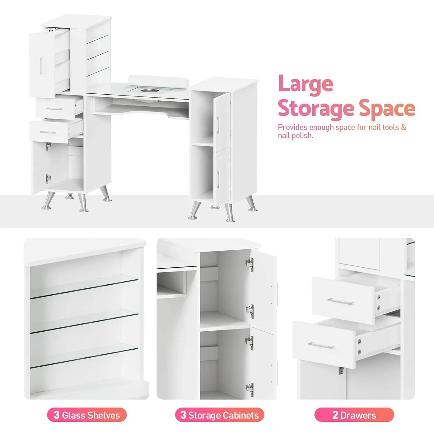 Glass Top Manicure Table w/ Dust Collector, Storage Drawers & Cabinets, Nail Desk for Salon, White, Custom