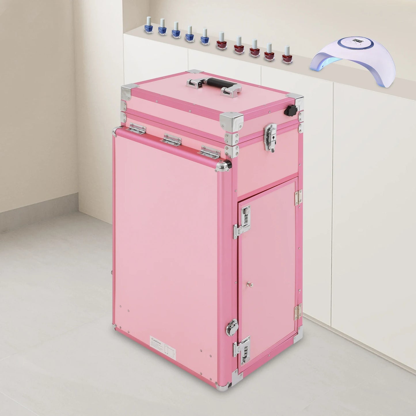 Rolling Manicure Makeup Table with 2 Built-In Bluetooth Music Speakers Portable Mirror Remote Control Professional Makeup Case