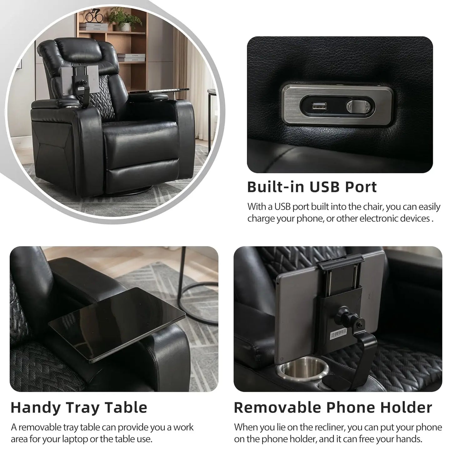 270 Degree Swivel PU Leather Power Recliner Individual Seat Home Theater Recliner with Comforable Backrest, Tray, Customized