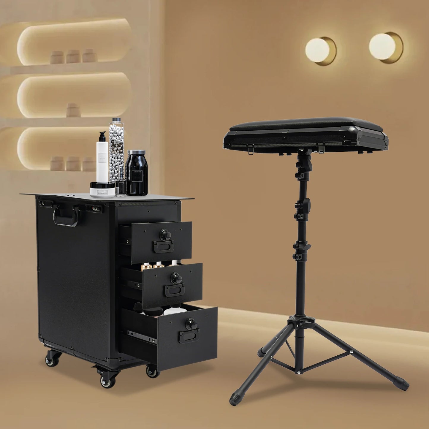 3 Drawers Rolling Makeup Case Tattoo Suitcase Mobile Manganese Steel Makeup Case with Combination Lock 4 Wheels 2 Brakes