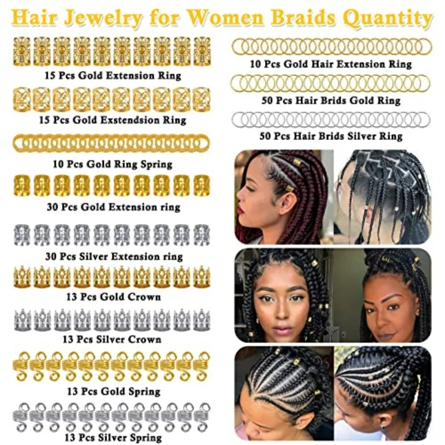262 Pcs Dreadlock Accessories for Women, Hair Jewelry for Braids Loc Jewelry Hair Decorations, Gold and Silver Hair Accessories
