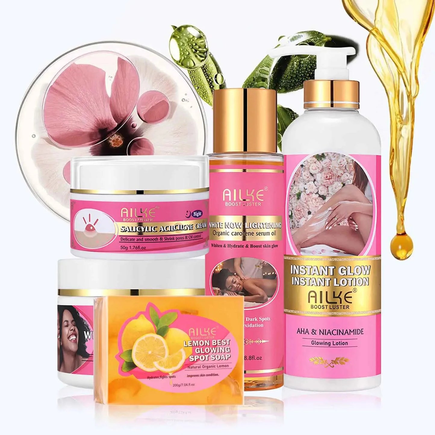AILKE AHA Organic Skin Brightening Set, Whitening Lotion, Remove Dark Spots, Acne, Cleaning, Moisturizing, for All Skin Types