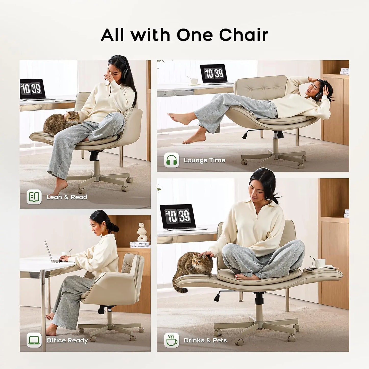 Criss Cross Chair With Armrests & Wheels, PU Leather Vanity Chair, Comfortable Adjustable Swivel Computer Office, Customized