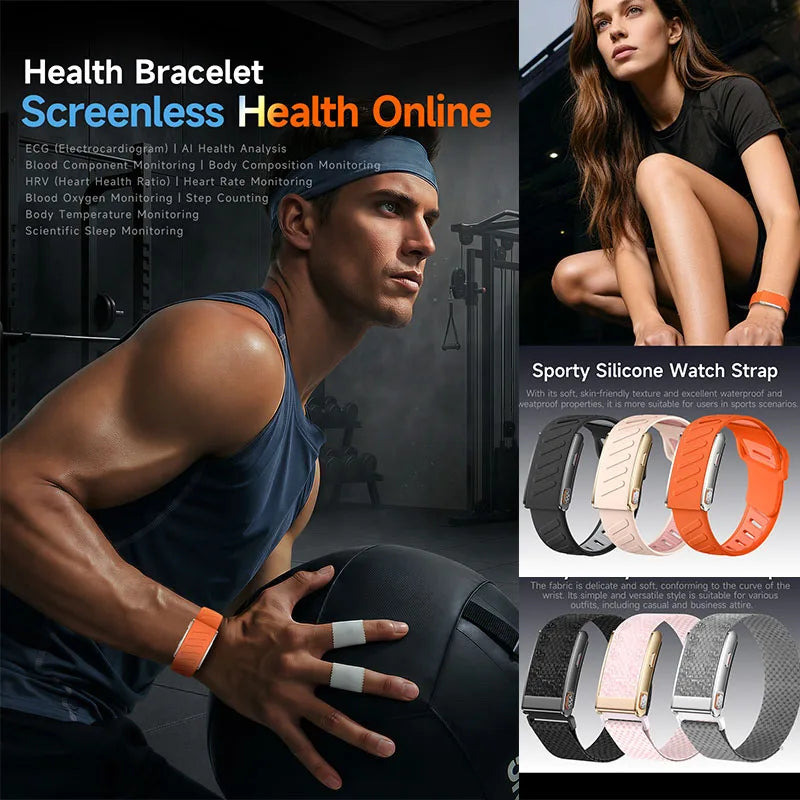 Screenless Smart Health Band with ECG Heart Rate Sleep SpO2 HRV Blood Pressure Sports Tracking App Reminders and 3ATM Waterproof