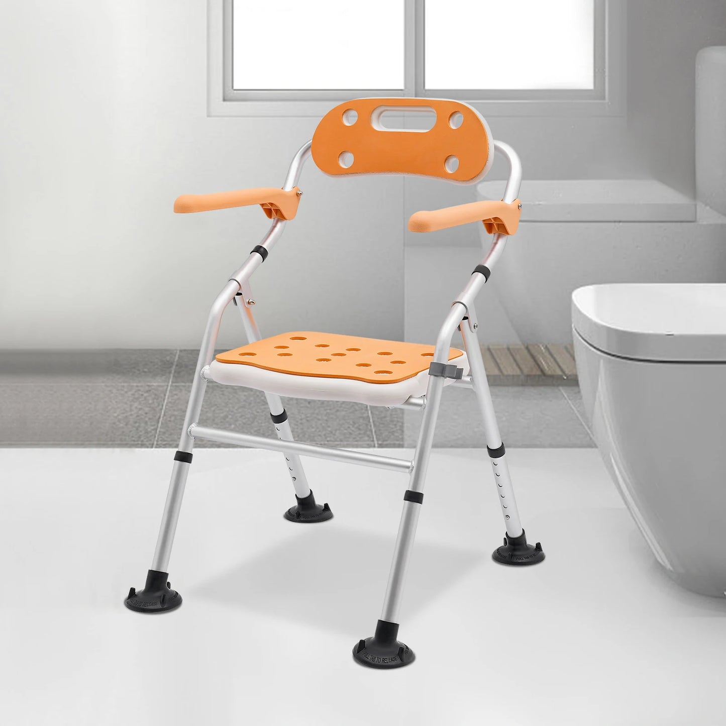 Shower Chair with Armrests Backrest Height Adjustable Shower Stool Folding Shower Seat Bathroom Stool Bath Chair Orange