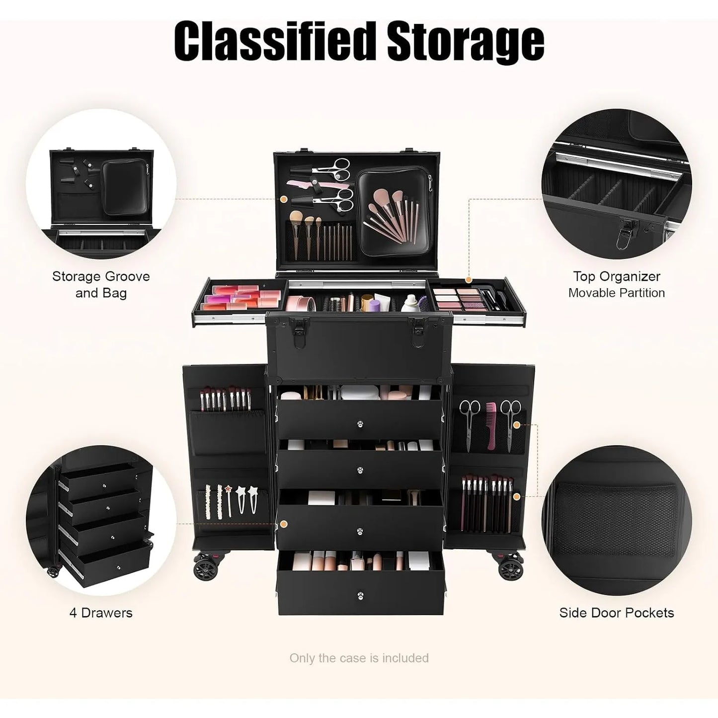 Rolling Makeup Train Case with 4 Drawers&6 Wheels, Foldable Makeup Nail Desk with Safety Lock&Movable Partition, Lockable Manicure Case for Technician Workstation Salon (Black)