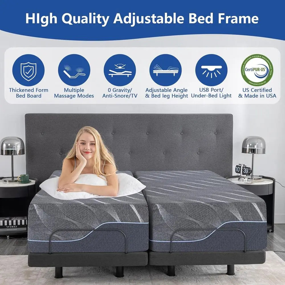 Split King Adjustable Bed e with Massage, 14 Inch Grey Gel Memory oam Medium irm Mattrin Box, Bed Base with Thickened oam e, Adj