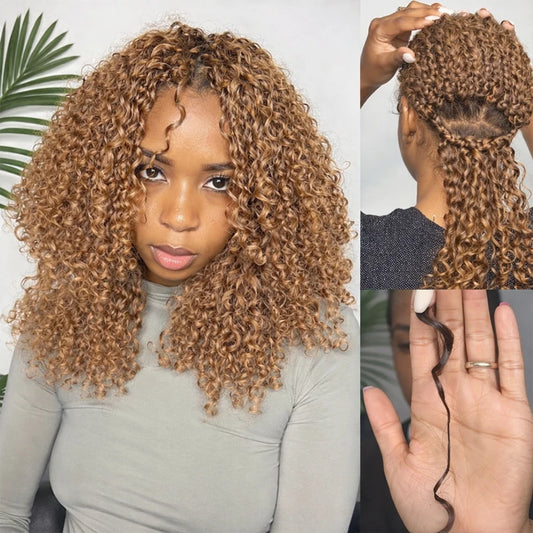Honey Blonde Reusable Small Spirals Curly Crochet Hair Knotless Pre-Separated Kinky Curly Feather Crochet Human Hair Extensions