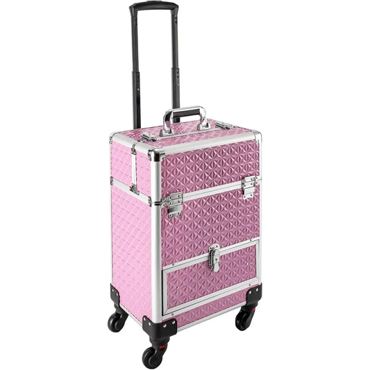 Rolling Makeup Train Case with Drawer and Nail Case for Manicure Storage, Ideal for Hair Stylists, Pet Groomers, Makeup Artists