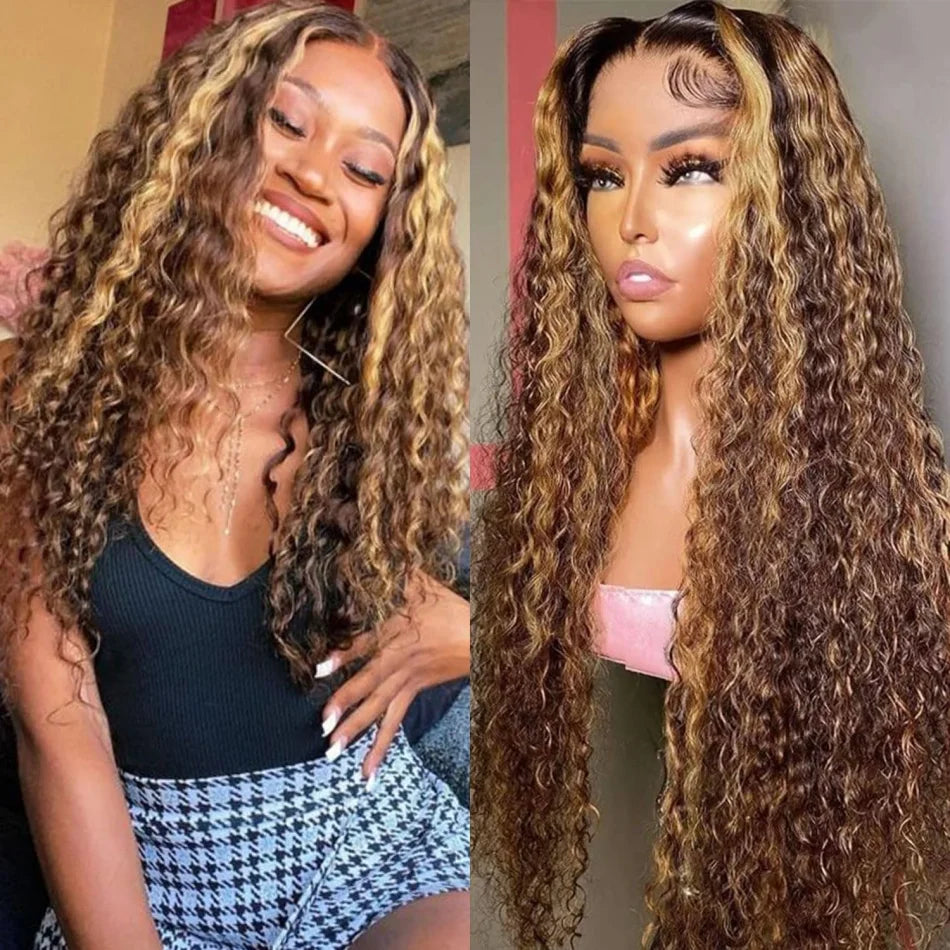 250% Density Highlight Deep Wave 13x6 Hd Lace Front Human Hair Wig Lace Frontal Wig 30 40 Inch Honey Blond Curly Lace Front Wigs