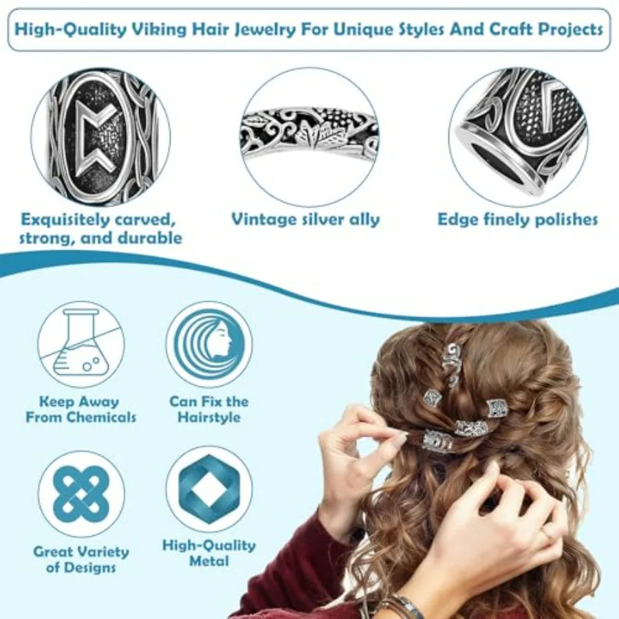 247Pcs Viking Hair Accessories Norse Runes Tube Beads Metal Cuffs Clips Rings, Dreadlock Beads Braids Locs Hair Jewelry Set for