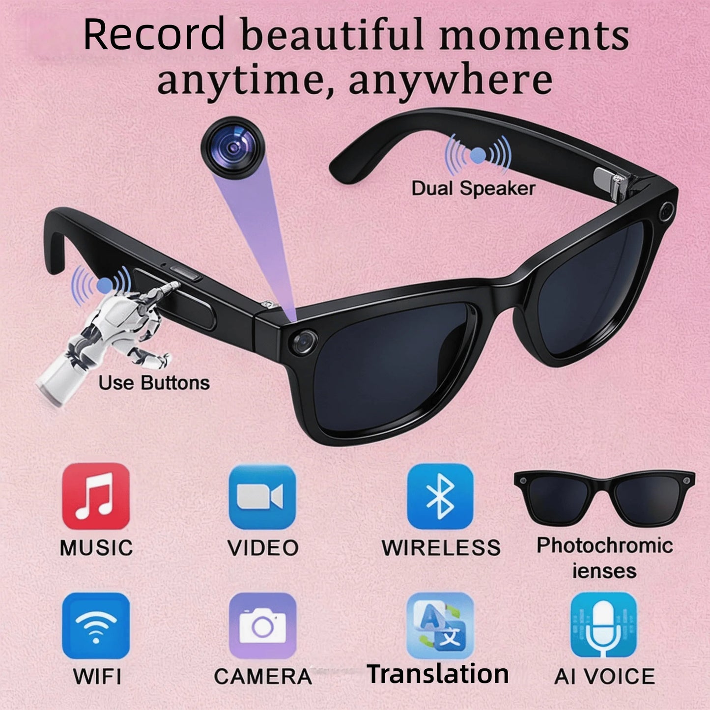 4K Camera Glasses with AI Smart Features That Support Real-Time Translation And Object Recognition, Open-Ear Audio, Ultra-Light Design, And Up to 8 Hours of Battery Life for Outdoor Cycling, Work, Travel