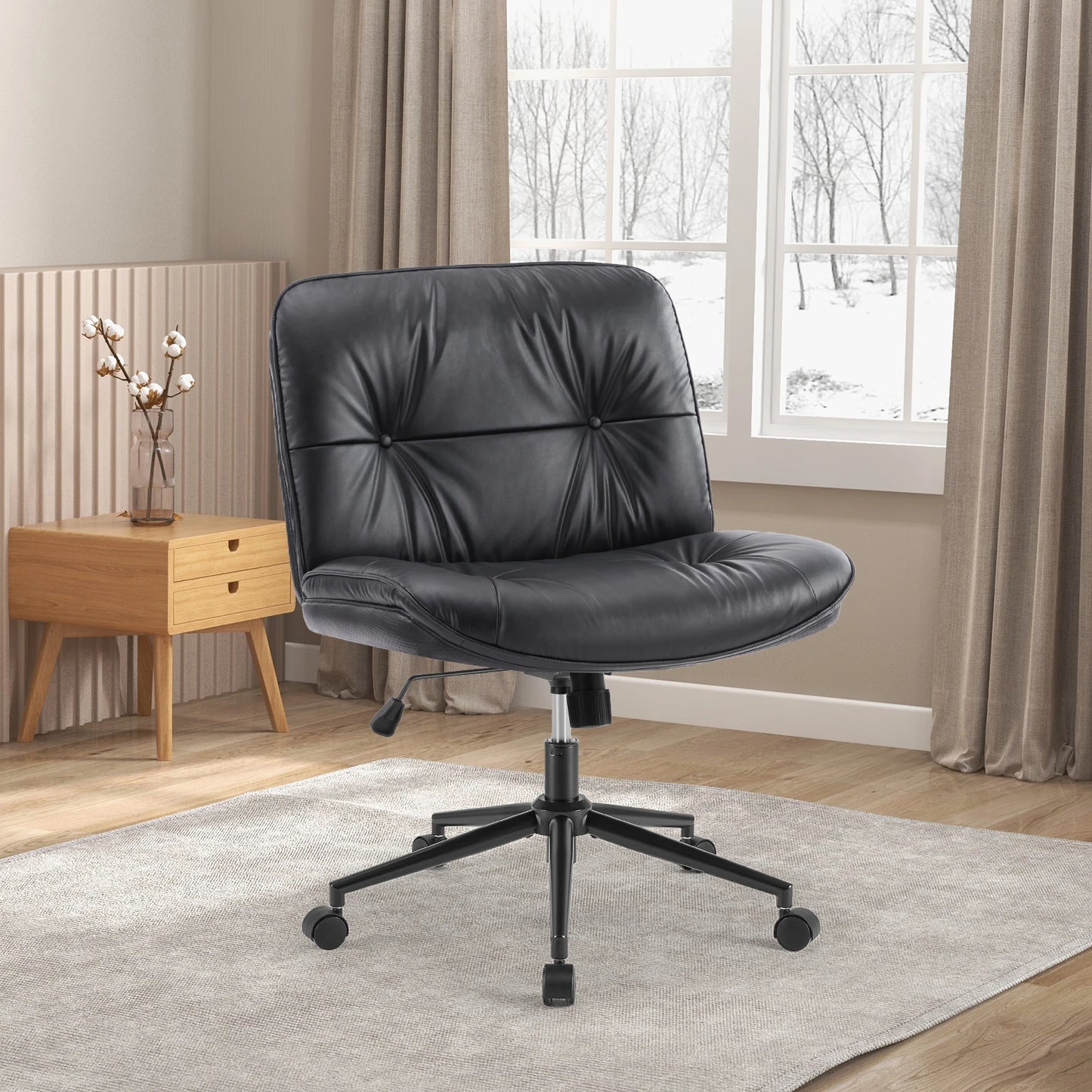 JHK Cross Legged PU Leather Office Chair with Wheels Armless Desk Chair Height Adjustable Swivel Wide Seating for Home Bedroom