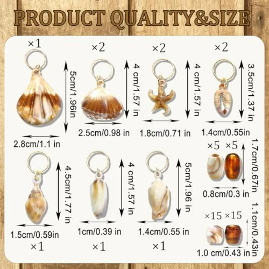 50PCS Shell Hair Jewelry for Braids Starfish Loc Dreadlock Charms Tansparent Brown White Braid Hair Tube Bead for Women