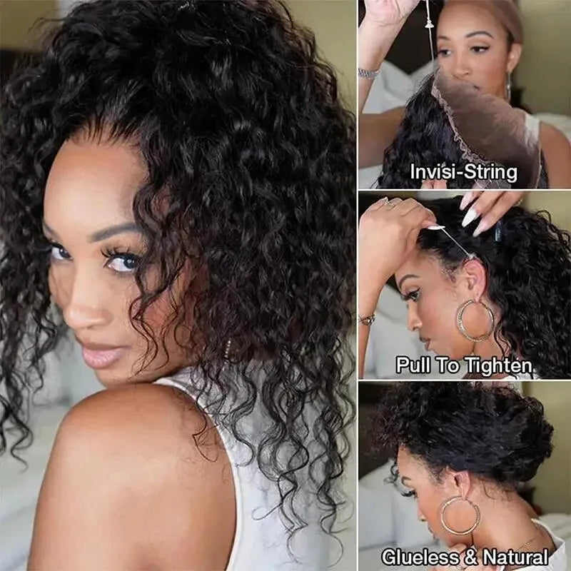 Hidden Strap Deep Wave 360 HD Lace Front Wigs Human Hair Pre Plucked 220 Density Full Lace Frontal Wig with Invisible Drawstring