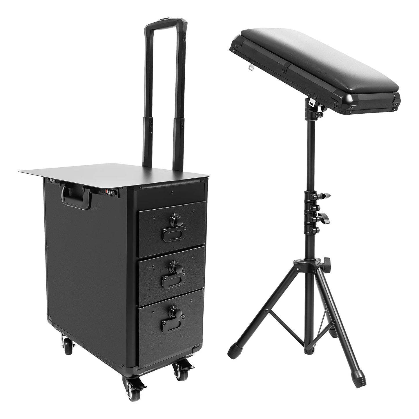 Rolling Cosmetic Case, Makeup Train Case, Tattoo Case, Metal Plate Tool Box with Adjustable Tripod, Nail Art Storage, High Capacity Organizer, PU Manganese Steel, Multi-drawer Workstation, Portable Salon Trolley for Hairstyli