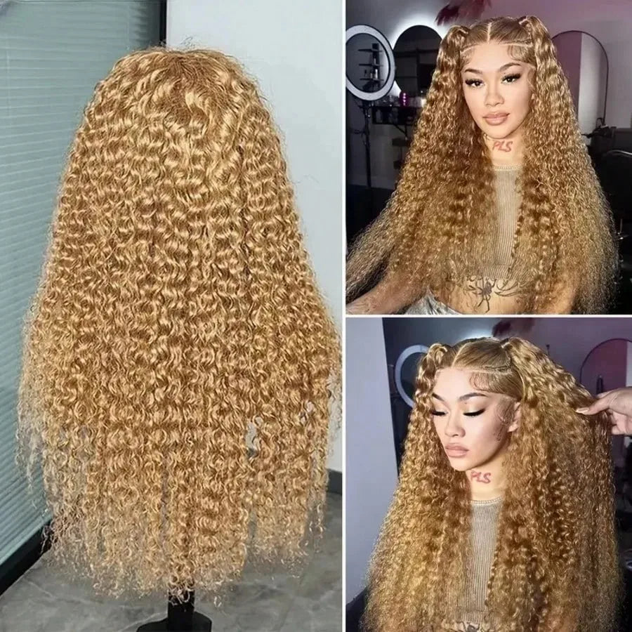 #27 Colored Loose Deep Wave Lace Front Wigs Human Hair Honey Blonde 13x6 HD Transparent Lace Frontal Wigs Curly Wigs 260 Density