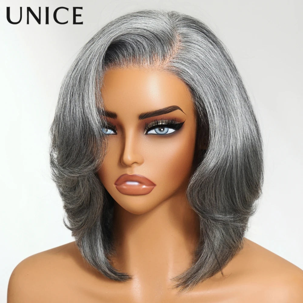 UNICE Hair Layered Blowout Salt & Pepper Glueless Human Hair Wig Pre Cut 6.5x1.5 Lace Short Bob Side Part Grey Wig 150% Density