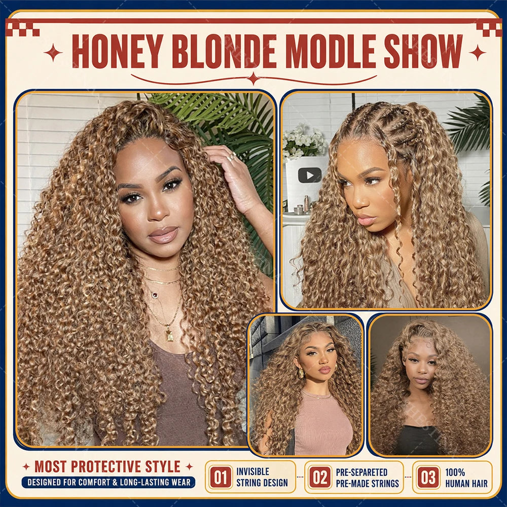 Salon Quality Honey Blonde Small Spirals Curly Miracle Knots Crochet Bulk Human Hair For Boho Braiding Knotless Pre-Separated Kinky Curly Feather Crochet Human Hair Extensions Unprocessed 100% Vietnamese Human Hair Can Ponyta