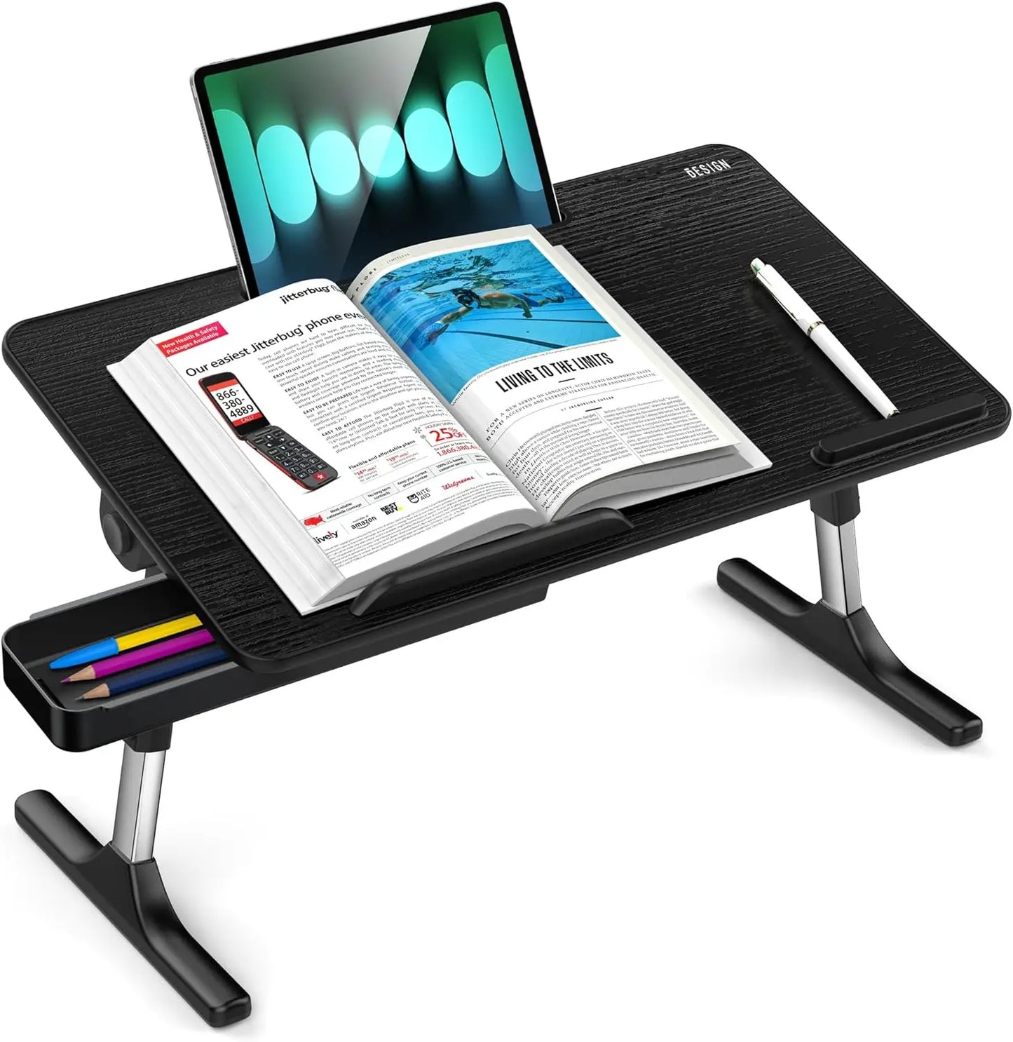 Adjustable Laptop Table, Portable Standing Bed Desk, Foldable Sofa Tray for Reading and Writing, Medium Black