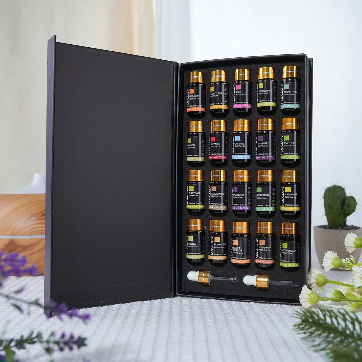 MAYJAM 20 Bottles Essential Oils Gift Box Lavender Jasmine Eucalyptus Vanilla Patchouli Citronella Sandalwood Rose Orange Scents