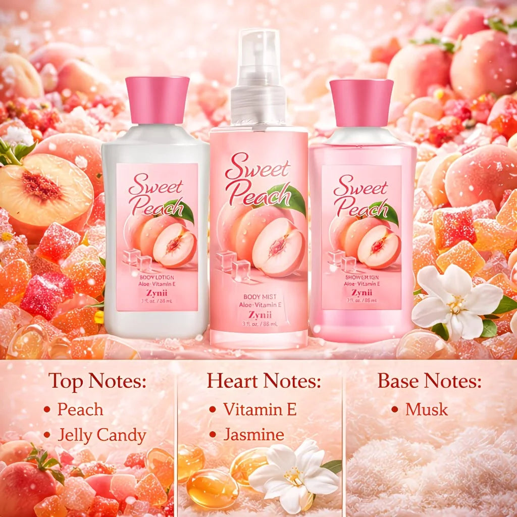Strawberry Cake, Peach And Rose Bath Set - 88ml Shower Gel, Lotion And Body Mist, Fresh Moisturizing Gift for Her