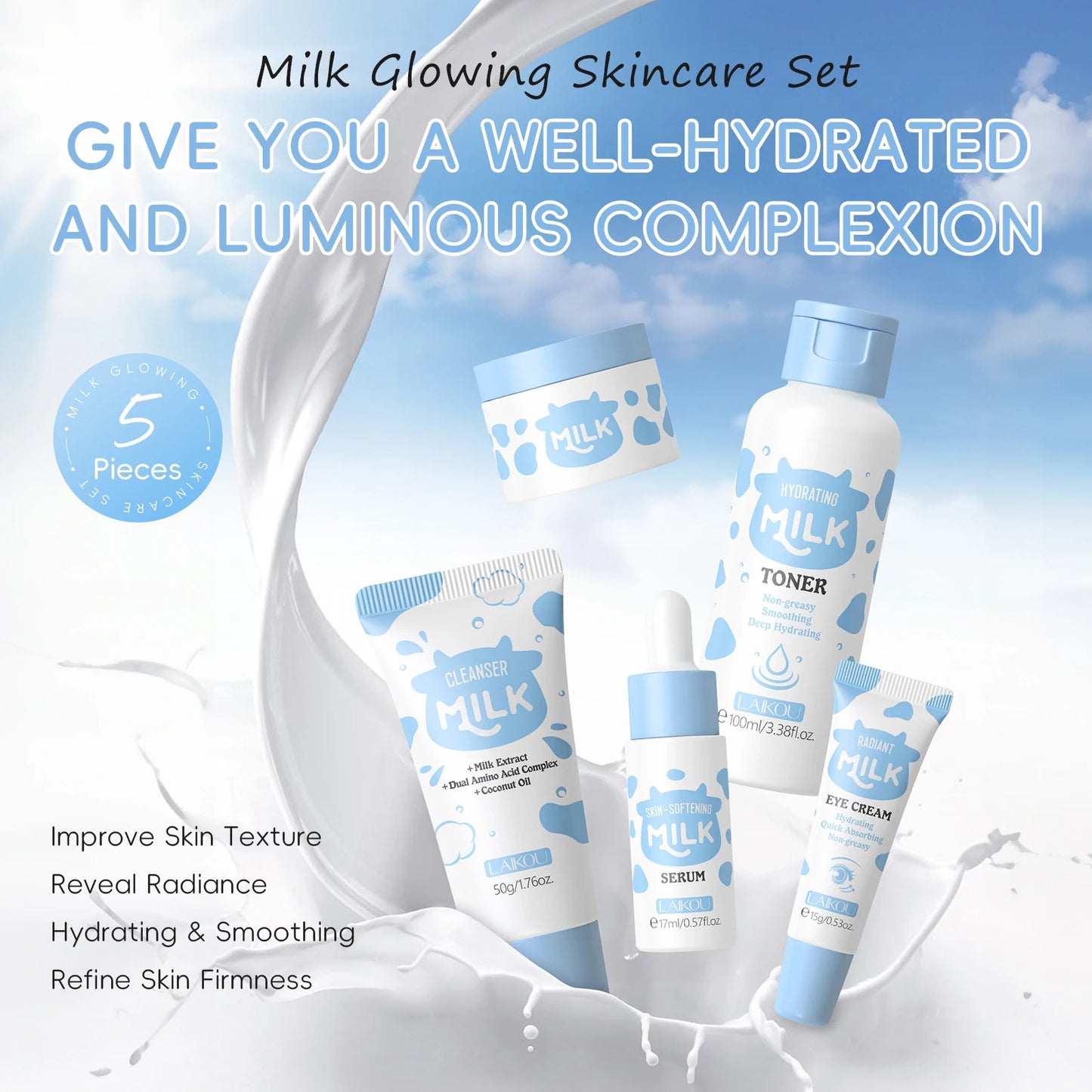 LAIKOU Milk Glowing Skincare Set Hydrating Brightening Anti-Age Firming Facial Care Cleanser Toner Serum Eye Cream Moisturizer